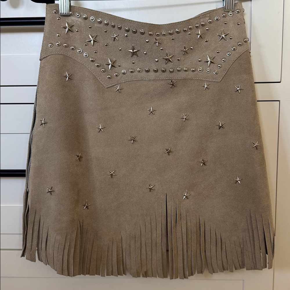 Understated Leather Studded Fringe Tan Skirt - Picture 3 of 9